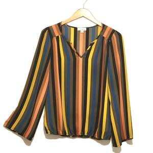 Allison Joy Striped V Neck Wide Sleeve Blouse Relaxed Multicolor S Boho Retro